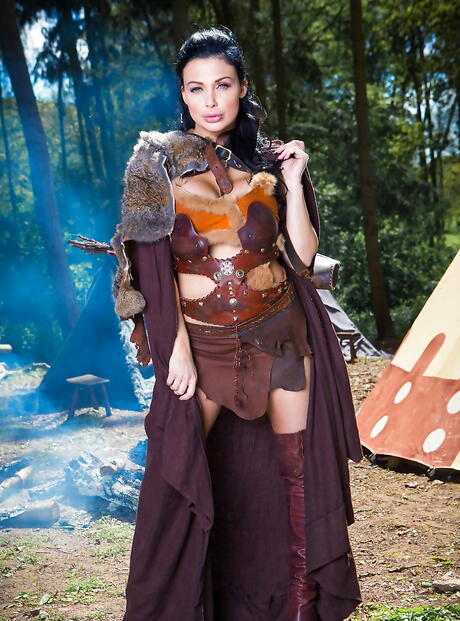 Appealing hungarian dark-haired Aletta Ocean in cosplay clothing shows big boobies and sexy ass outdoor